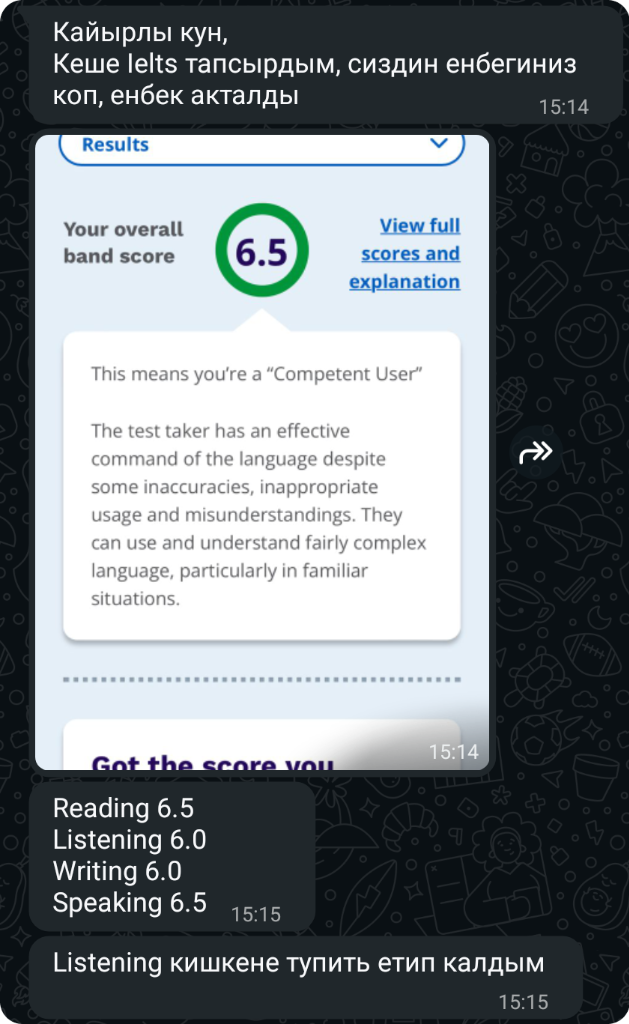 Dastan's IELTS Result - 6.5